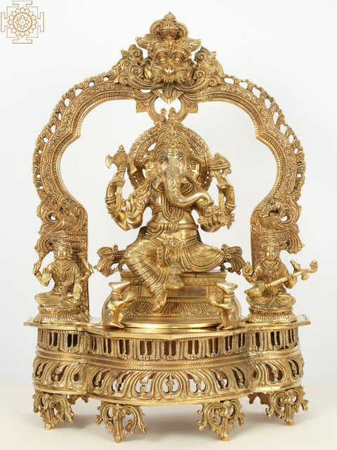 22" Superfine Brass Lord Ganapati Seated on Kirtimukha Throne with Goddess Lakshmi and Goddess Saraswati