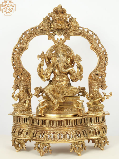22" Brass Lord Ganesha Idol with Lakshmi and Saraswati Seated on Throne