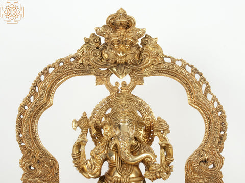 22" Superfine Brass Lord Ganapati Seated on Kirtimukha Throne with Goddess Lakshmi and Goddess Saraswati