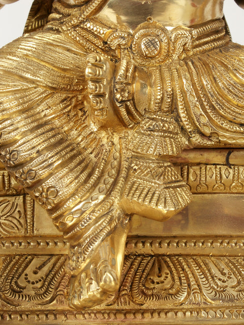 22" Superfine Brass Lord Ganapati Seated on Kirtimukha Throne with Goddess Lakshmi and Goddess Saraswati