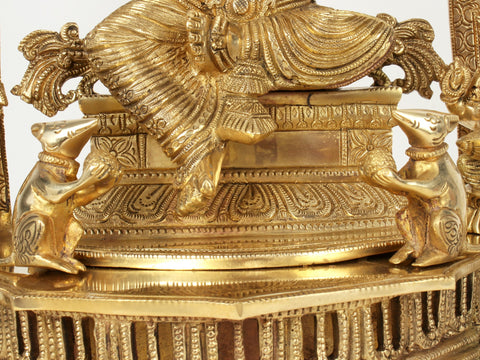 22" Superfine Brass Lord Ganapati Seated on Kirtimukha Throne with Goddess Lakshmi and Goddess Saraswati