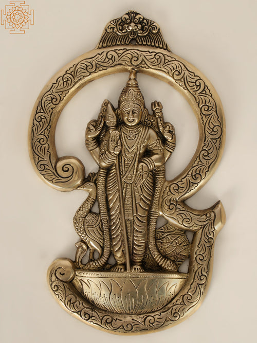 13" Brass Lord Murugan Standing Statue with Tamil Om Wall Hanging