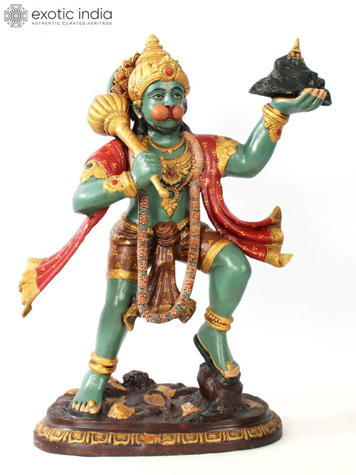 26" Brass Lord Hanuman with Sanjeevani Mountain Statue