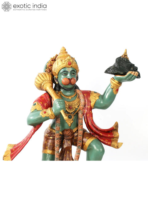 26" Brass Colorful Lord Hanuman Carrying Mountain of Sanjeevani Hurbs
