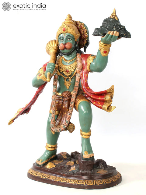 26" Brass Colorful Lord Hanuman Carrying Mountain of Sanjeevani Hurbs