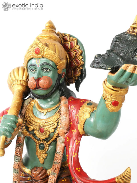 26" Brass Colorful Lord Hanuman Carrying Mountain of Sanjeevani Hurbs