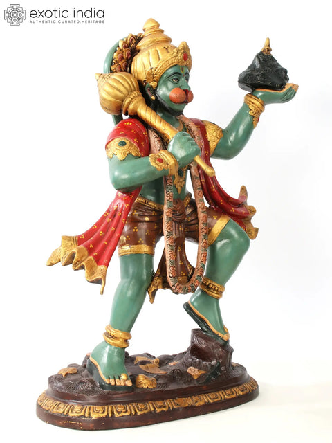 26" Brass Colorful Lord Hanuman Carrying Mountain of Sanjeevani Hurbs