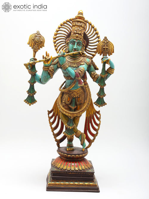 31" Large Brass Standing Lord Venugopal Krishna Flute Statue