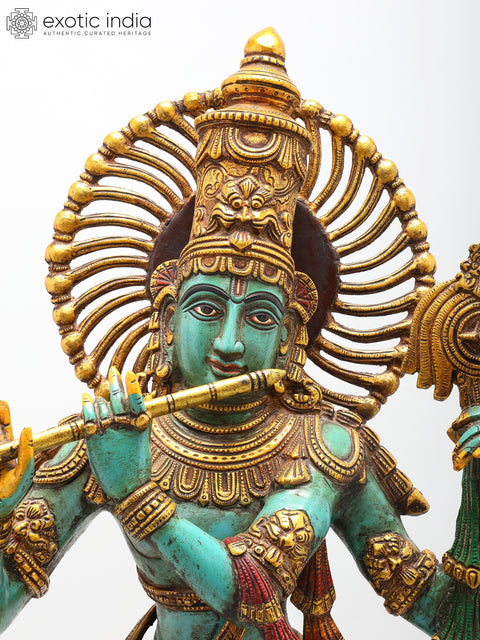 31" Large Brass Colorful Standing Lord Venugopal (Krishna) Playing Flute
