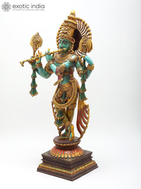 31" Large Brass Colorful Standing Lord Venugopal (Krishna) Playing Flute