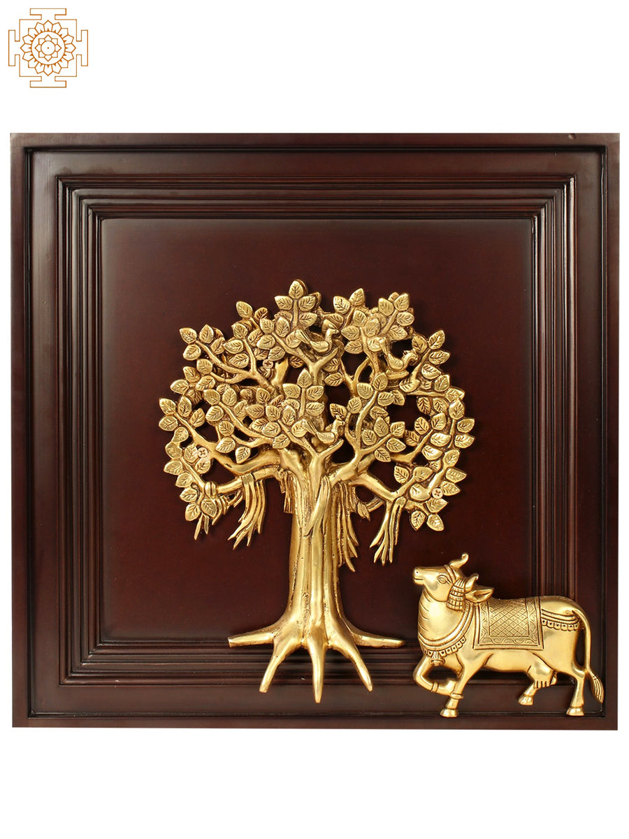 16" Kamadhenu Cow Under Kalpavriksha Tree Brass Wall Hanging