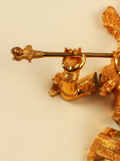 54" Lord Krishna Playing Flute | Brass with Gold Plated Wall Hanging Statue