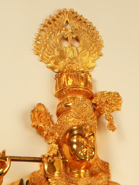 54" Lord Krishna Playing Flute | Brass with Gold Plated Wall Hanging Statue
