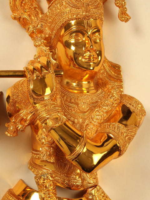54" Lord Krishna Playing Flute | Brass with Gold Plated Wall Hanging Statue