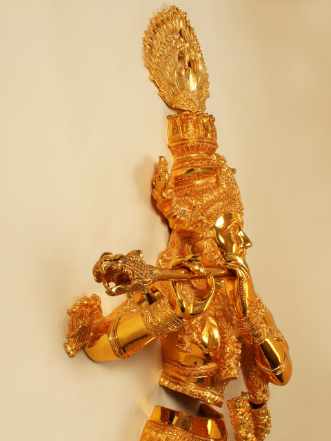 54" Lord Krishna Playing Flute | Brass with Gold Plated Wall Hanging Statue