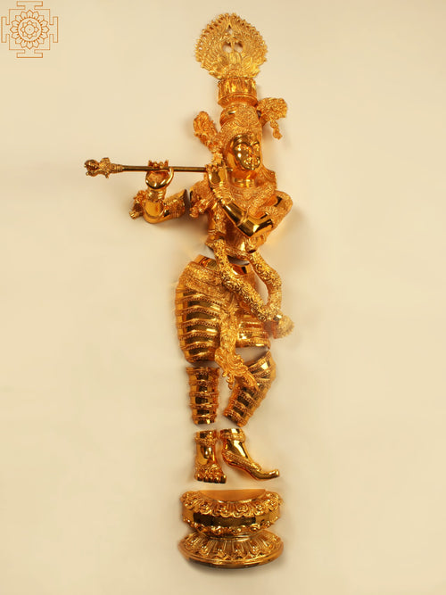 54" Lord Krishna Playing Flute Brass Wall Hanging Statue with Gold Plating