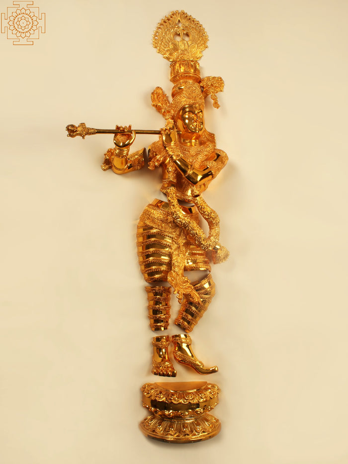 54" Lord Krishna Playing Flute Brass Wall Hanging Statue with Gold Plating