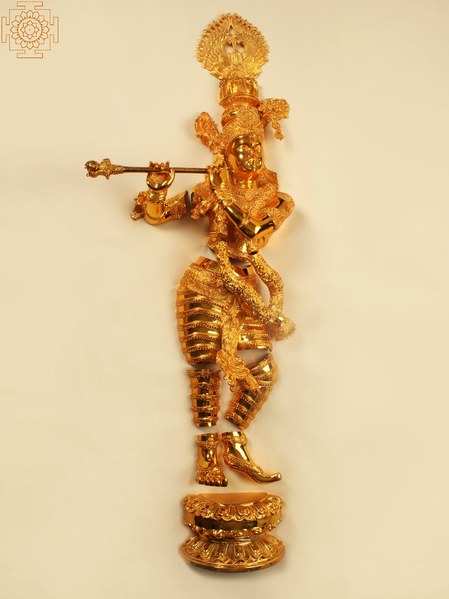 54" Lord Krishna Playing Flute Brass Wall Hanging Statue with Gold Plating