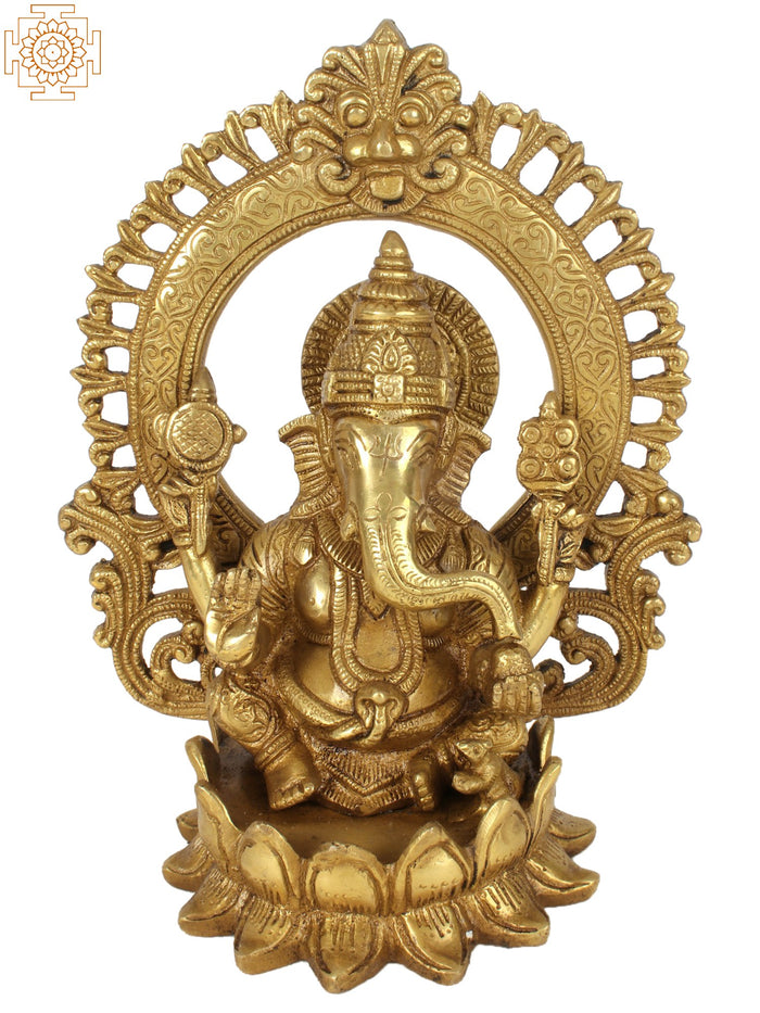 10" Ganesha Brass Idol With Arch Handmade