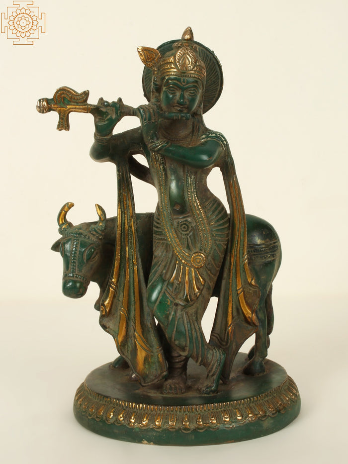 9" Shri Krishna Playing Flute Brass Handmade Statue
