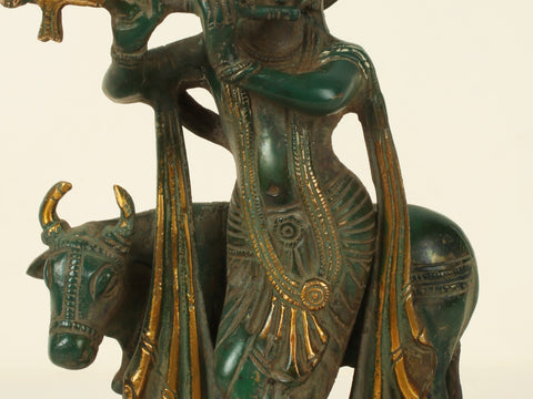 9'' Shri Krishna Playing Flute | Brass Patina
