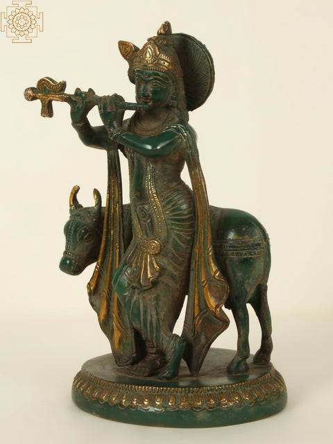 9'' Shri Krishna Playing Flute | Brass Patina