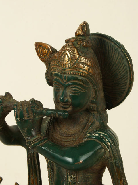 9'' Shri Krishna Playing Flute | Brass Patina
