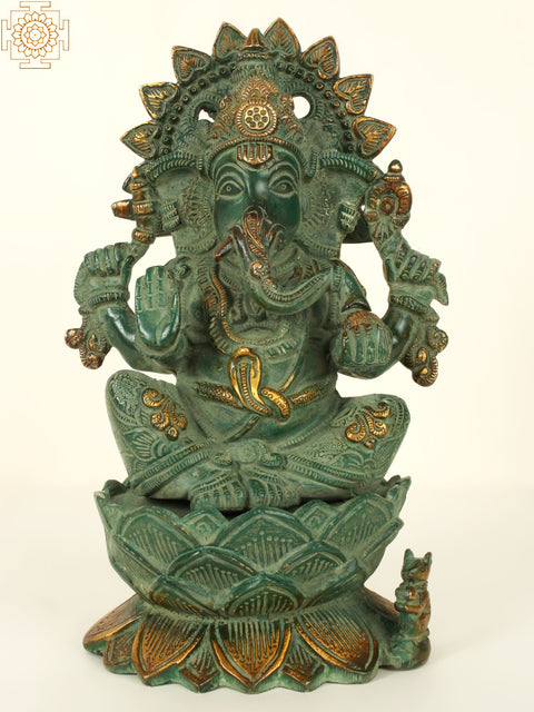 10'' Four Hand Ganesha Seated On Lotus | Brass Patina