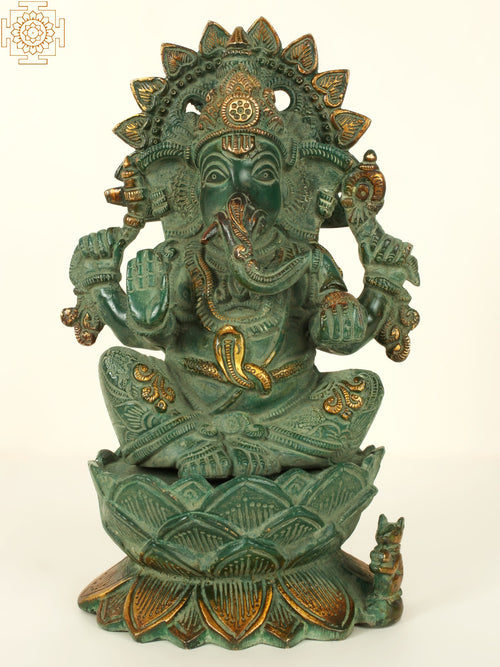 10" Four Hand Ganesha Seated On Lotus Brass Statue With Patina