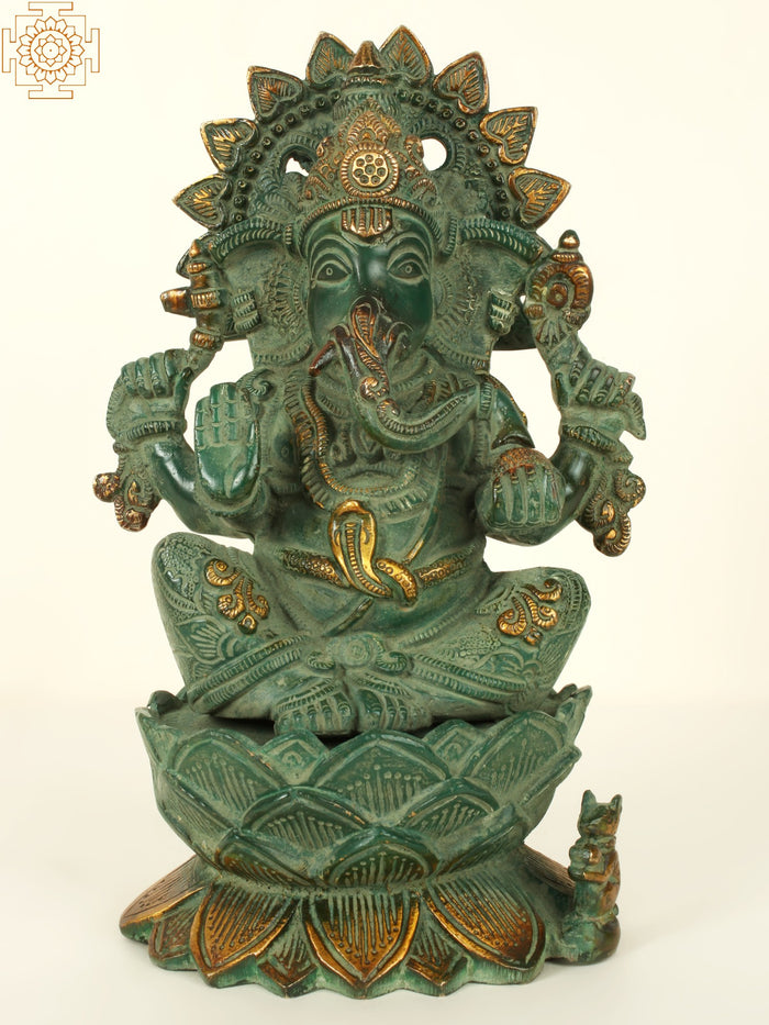 10" Four Hand Ganesha Seated On Lotus Brass Statue With Patina