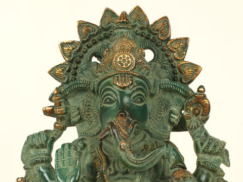 10'' Four Hand Ganesha Seated On Lotus | Brass Patina