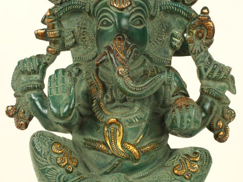 10'' Four Hand Ganesha Seated On Lotus | Brass Patina