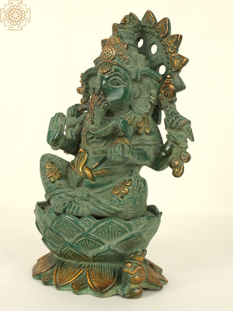 10'' Four Hand Ganesha Seated On Lotus | Brass Patina