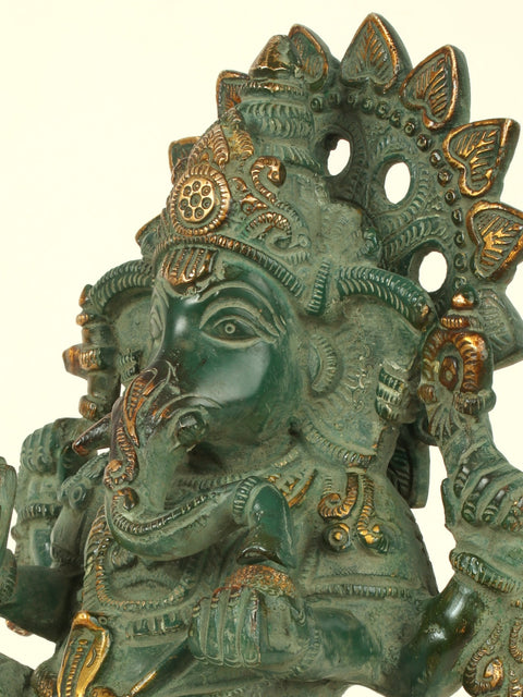10'' Four Hand Ganesha Seated On Lotus | Brass Patina