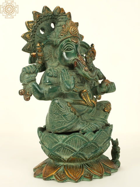 10'' Four Hand Ganesha Seated On Lotus | Brass Patina