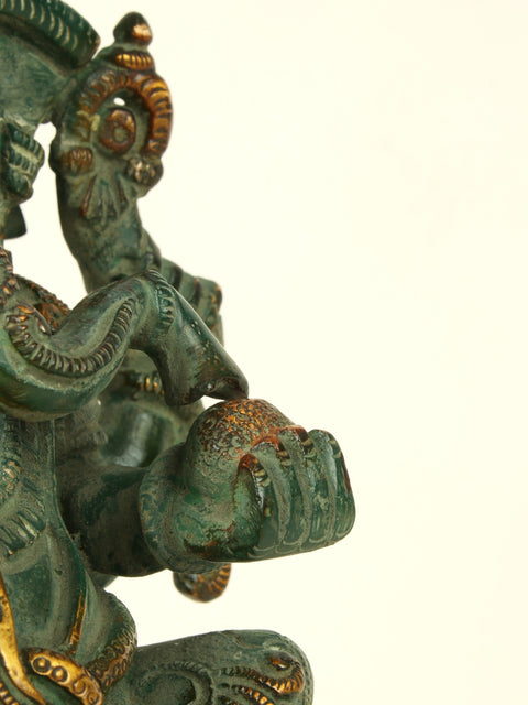 10'' Four Hand Ganesha Seated On Lotus | Brass Patina