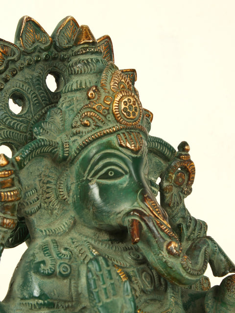 10'' Four Hand Ganesha Seated On Lotus | Brass Patina