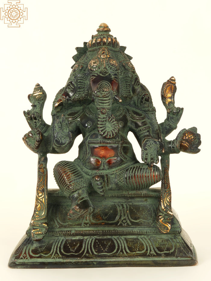 7" Tri-Mukhi Ganesha Brass Statue with Patina Finish