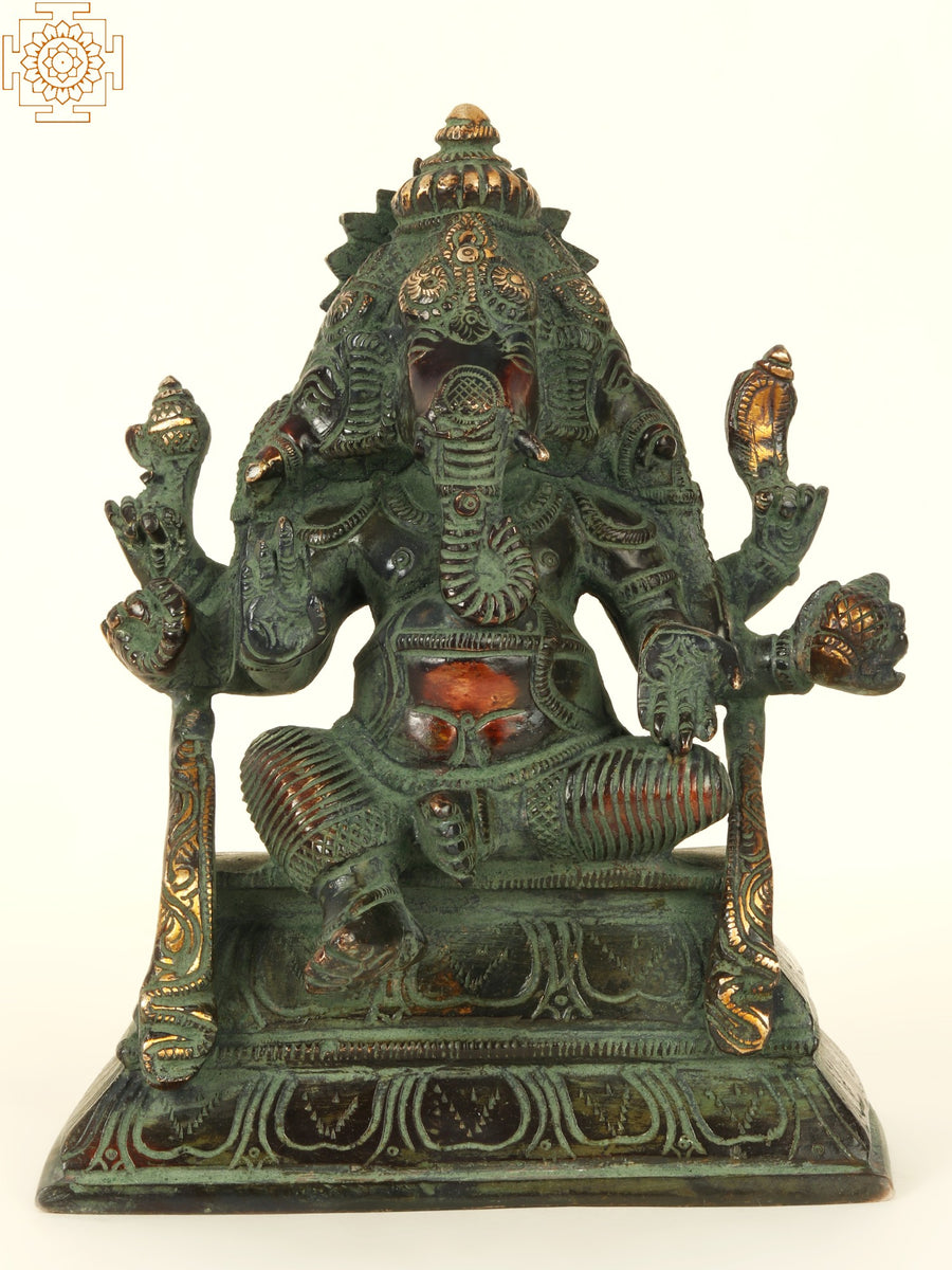 7" Tri-Mukhi Ganesha Brass Statue with Patina Finish