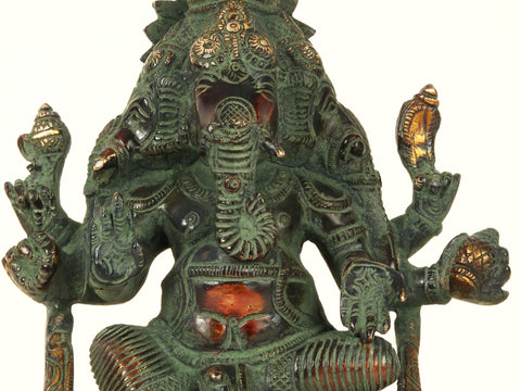7'' Tri-Mukhi Ganesha | Brass Patina