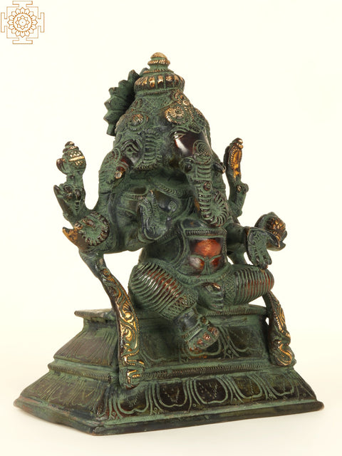 7'' Tri-Mukhi Ganesha | Brass Patina