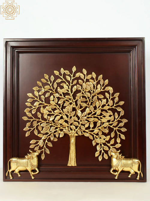 22" Brass Kamadhenu Cow Under Kalpavriksh Tree Wall Hanging