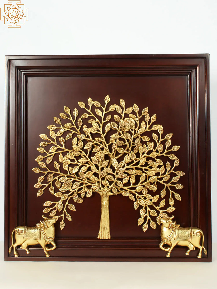 22" Brass Kamadhenu Cow Under Kalpavriksh Tree Wall Hanging