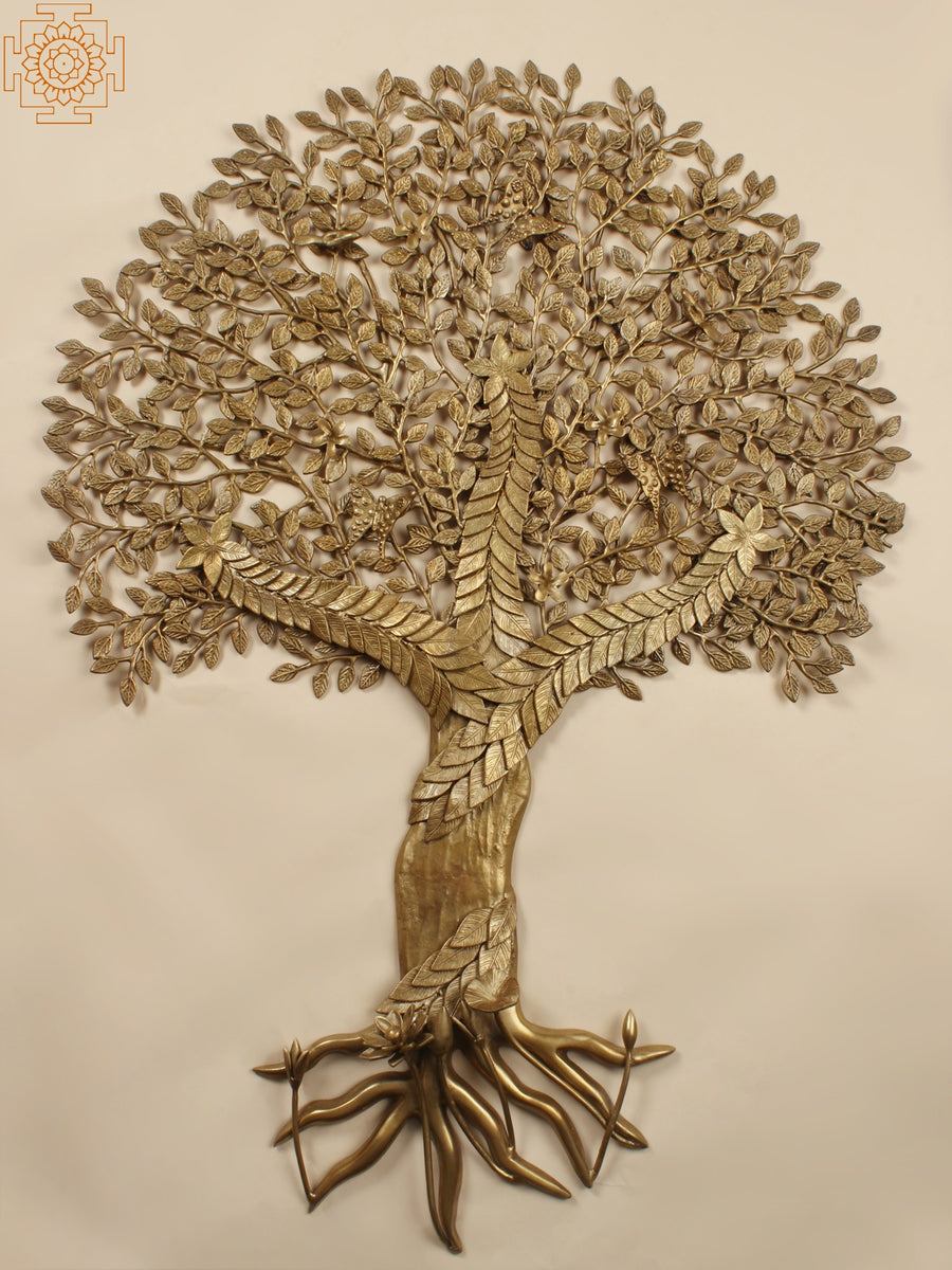 44" Large Brass Tree of Life with Butterflies Wall Hanging