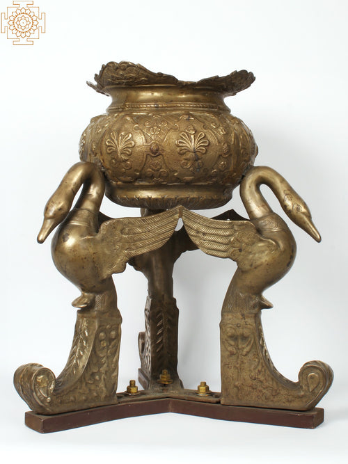 27" Brass Urli Pot with Swan Back Handmade Home Decor