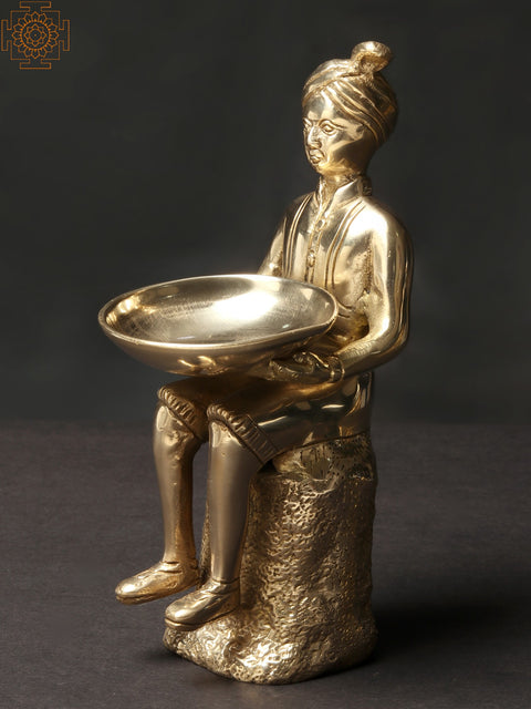 8'' Turban-clad Man Carrying Bowl | Brass Home Decorative Item