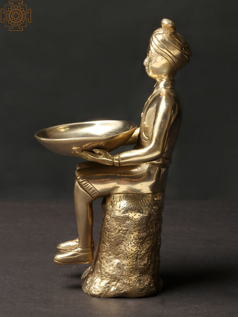 8'' Turban-clad Man Carrying Bowl | Brass Home Decorative Item