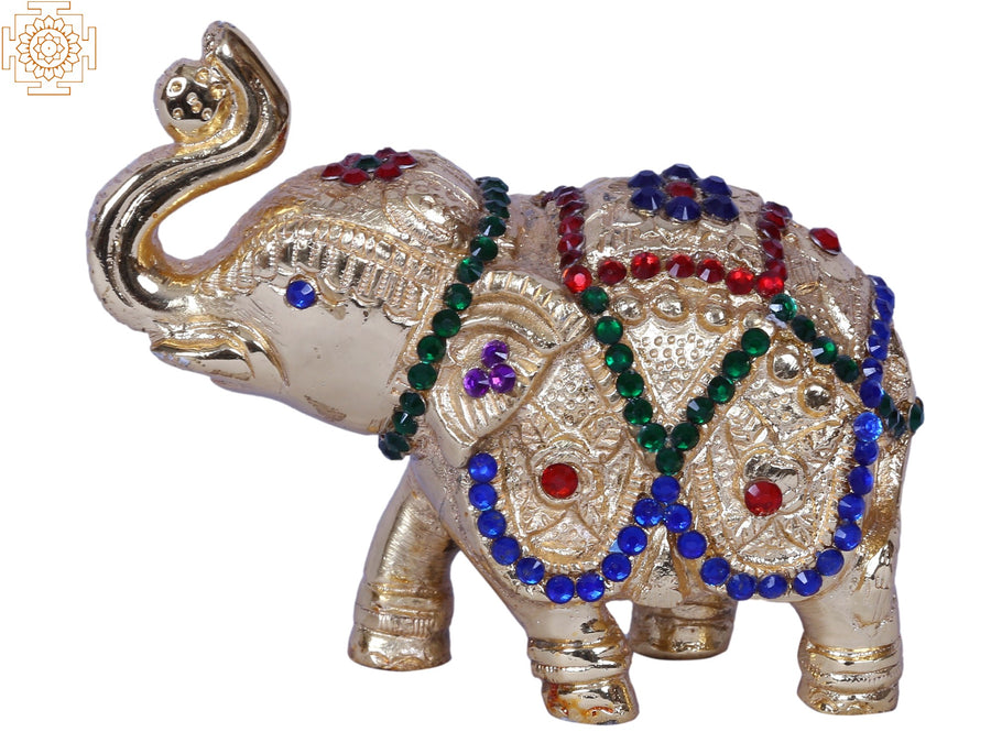 4" Brass Gold Plated Elephant Statue with Stone Work