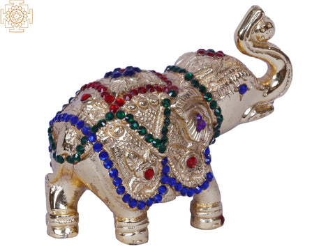 4" Brass Gold Plated Small Elephant Figurine with Stone Work
