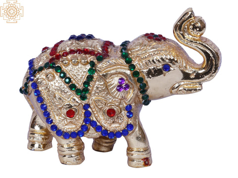 4" Brass Gold Plated Small Elephant Figurine with Stone Work